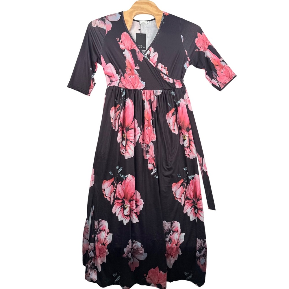 Pinup Fashion 14W Maxi Dress Floral Wrap V Neck 3/4 Sleeve Retro Church Boho NWT